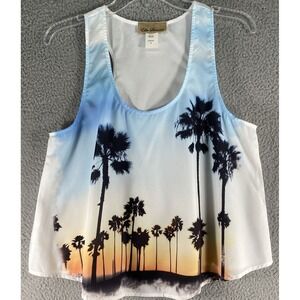 Ella Samani Women Tank Top SZ MEDIUM White‎ Palm Trees Sunset Racerback Made USA